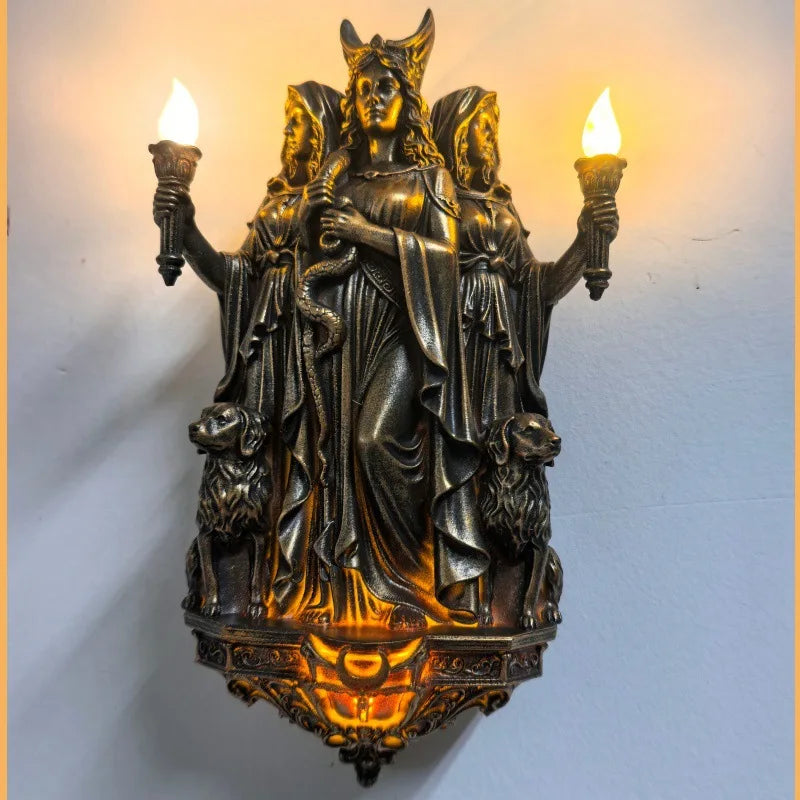 Hecate Wall Lamp Triple Goddess Three Headed Sculpture Archangel Michael Odin Statue Art Decor For Bedroom Living Room Witchcraft, Ritual