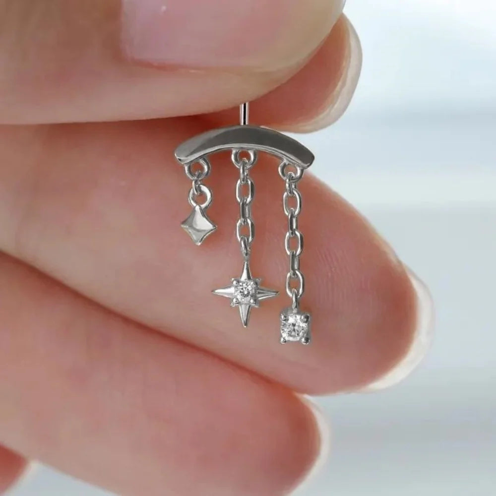 1PC 925 Sterling Silver Eight-pointed Star CZ Piercing Earring For Women Ins Tassel Chain Stud Earring Party Fine Jewelry