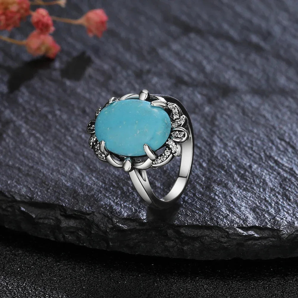 S925 Sterling Silver Vintage Ring With Natural Turquoise Stone Rings Oval and Round Shape Flower Carved Rings For Women Men