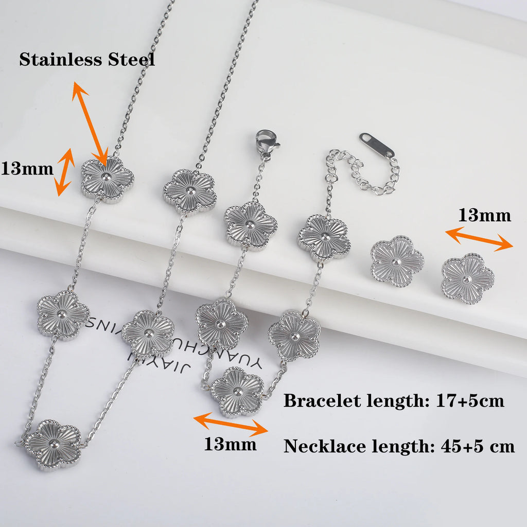 316 Stainless Steel Flower Five Leaf Necklace Bracelet Earrings 18K Gold Plated Jewelry Set