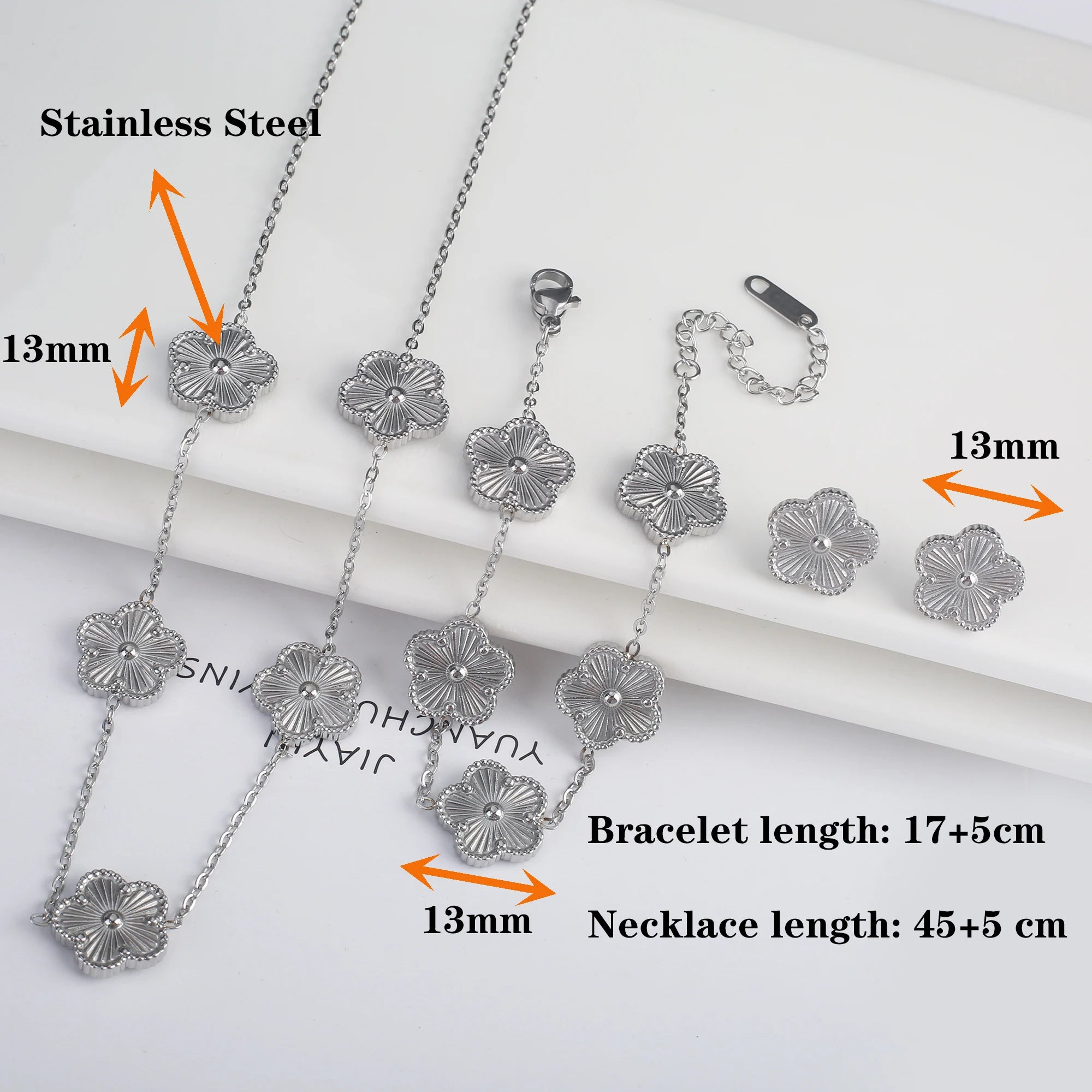 316 Stainless Steel Flower Five Leaf Necklace Bracelet Earrings 18K Gold Plated Jewelry Set