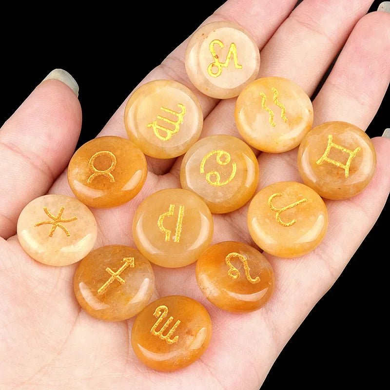 12 Constellations Themed Rune Spiritual Stones Zodiac Sign Reiki Healing Crystals Pocket Stones Natural Obsidian