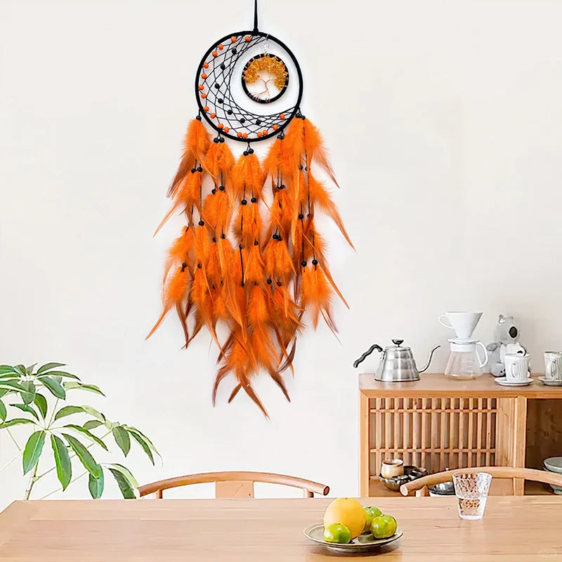 Nordic Tree Of Life Crystal Wall Hanging Dream Catcher Hand-woven with Feathers