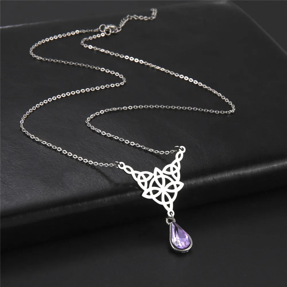 Witch Knot Necklace For Women Stainless Steel Hollow Celtic Knot Crystal Pendant Necklace