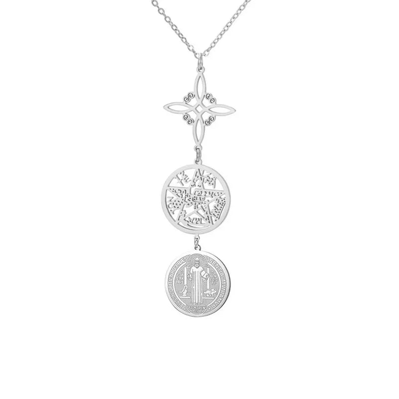 Triple Amulets Protection Necklaces for Women Witch Knot Pentagram Tetragrammaton St. Benedict Stainless Steel Jewerly Gift