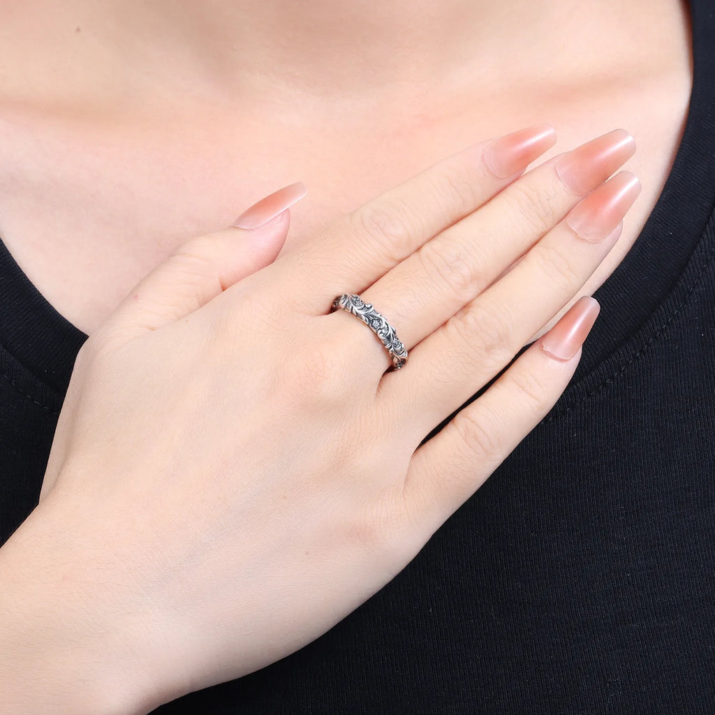 S925 Sterling Silver Vintage Pattern Closed Ring For Women