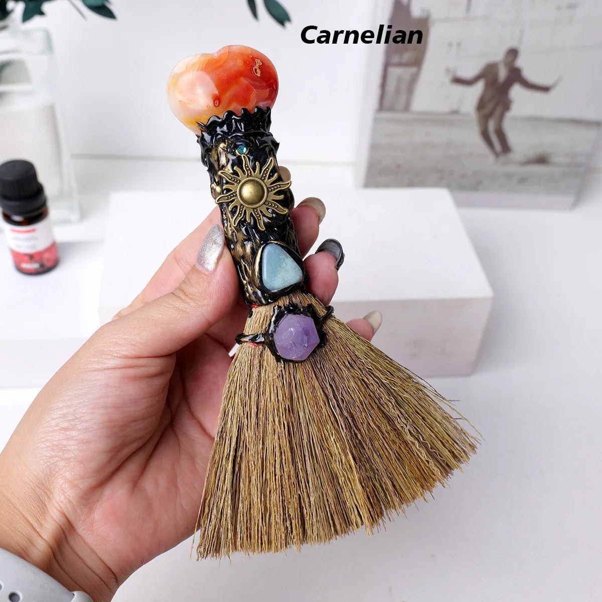 1pc Natural Crystal Heart Broom, Witchcraft Rituals Energy Cleansing Tool Quartz Witch Besom for Altar & Home Decor