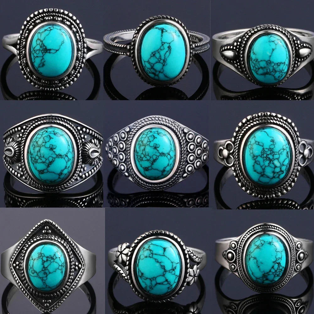 S925 Sterling Silver Vintage Ring With Natural Turquoise Stone Rings Oval and Round Shape Flower Carved Rings For Women Men