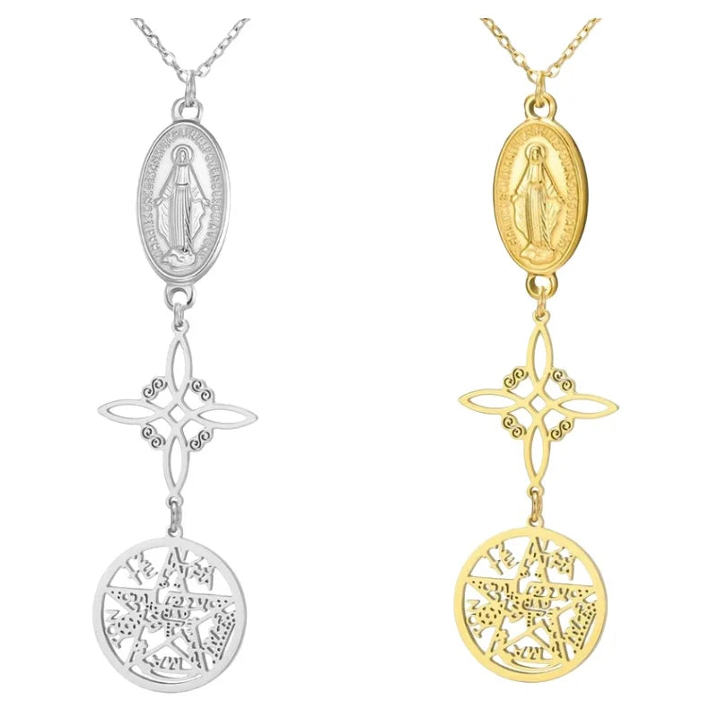 Triple Amulets Protection Necklaces for Women Witch Knot Pentagram Tetragrammaton St. Benedict Stainless Steel Jewerly Gift