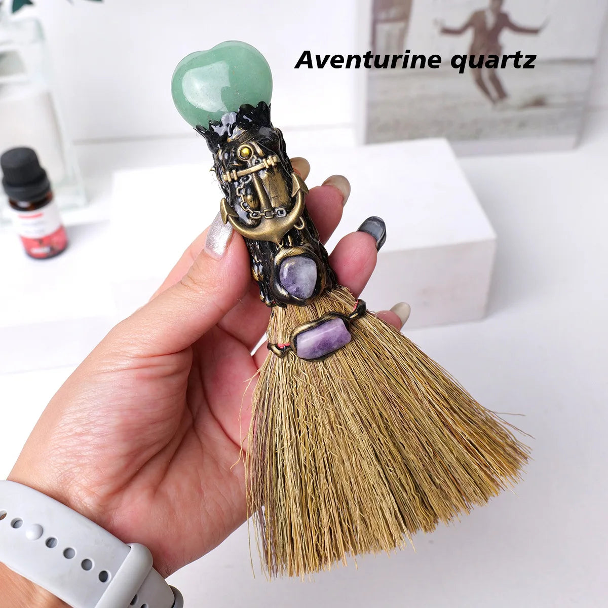 1pc Natural Crystal Heart Broom, Witchcraft Rituals Energy Cleansing Tool Quartz Witch Besom for Altar & Home Decor