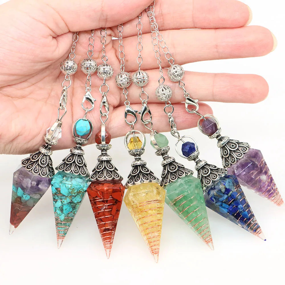 Natural Crystal Dowsing Pendulum Reiki Stone Chips Orgone Pendulums Hexagonal Pointed Reisin Spiritual Pendulo for Divination