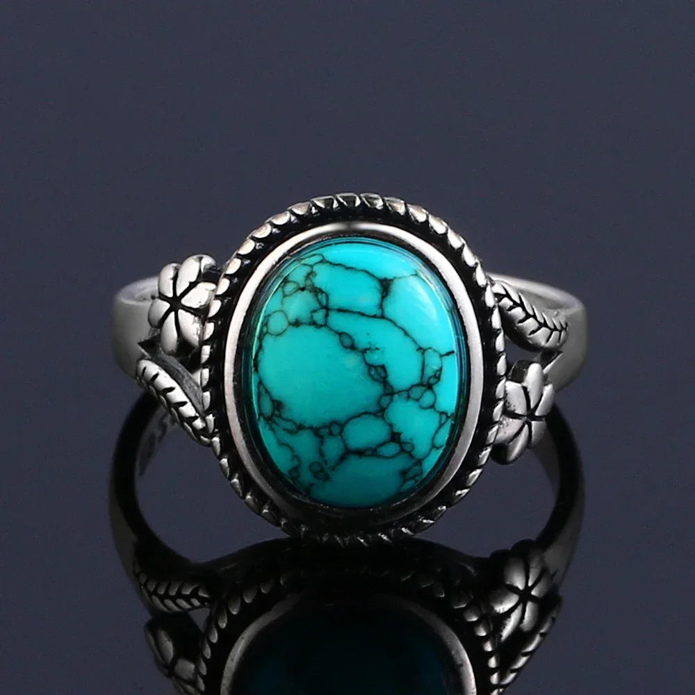 S925 Sterling Silver Vintage Ring With Natural Turquoise Stone Rings Oval and Round Shape Flower Carved Rings For Women Men