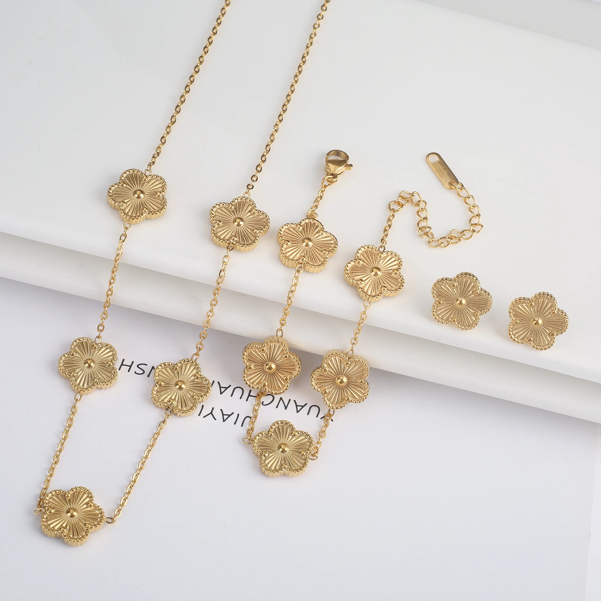 316 Stainless Steel Flower Five Leaf Necklace Bracelet Earrings 18K Gold Plated Jewelry Set