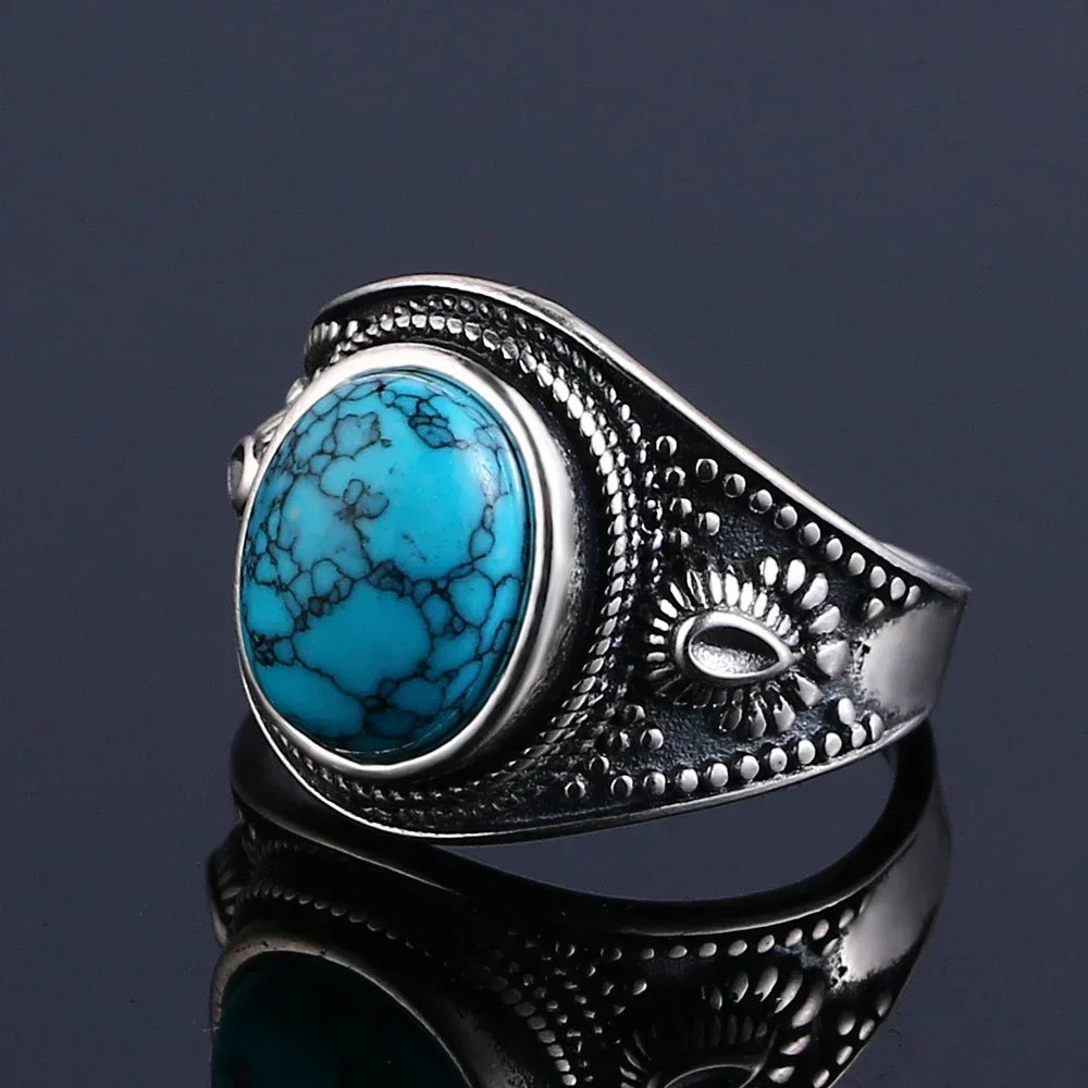 S925 Sterling Silver Vintage Ring With Natural Turquoise Stone Rings Oval and Round Shape Flower Carved Rings For Women Men