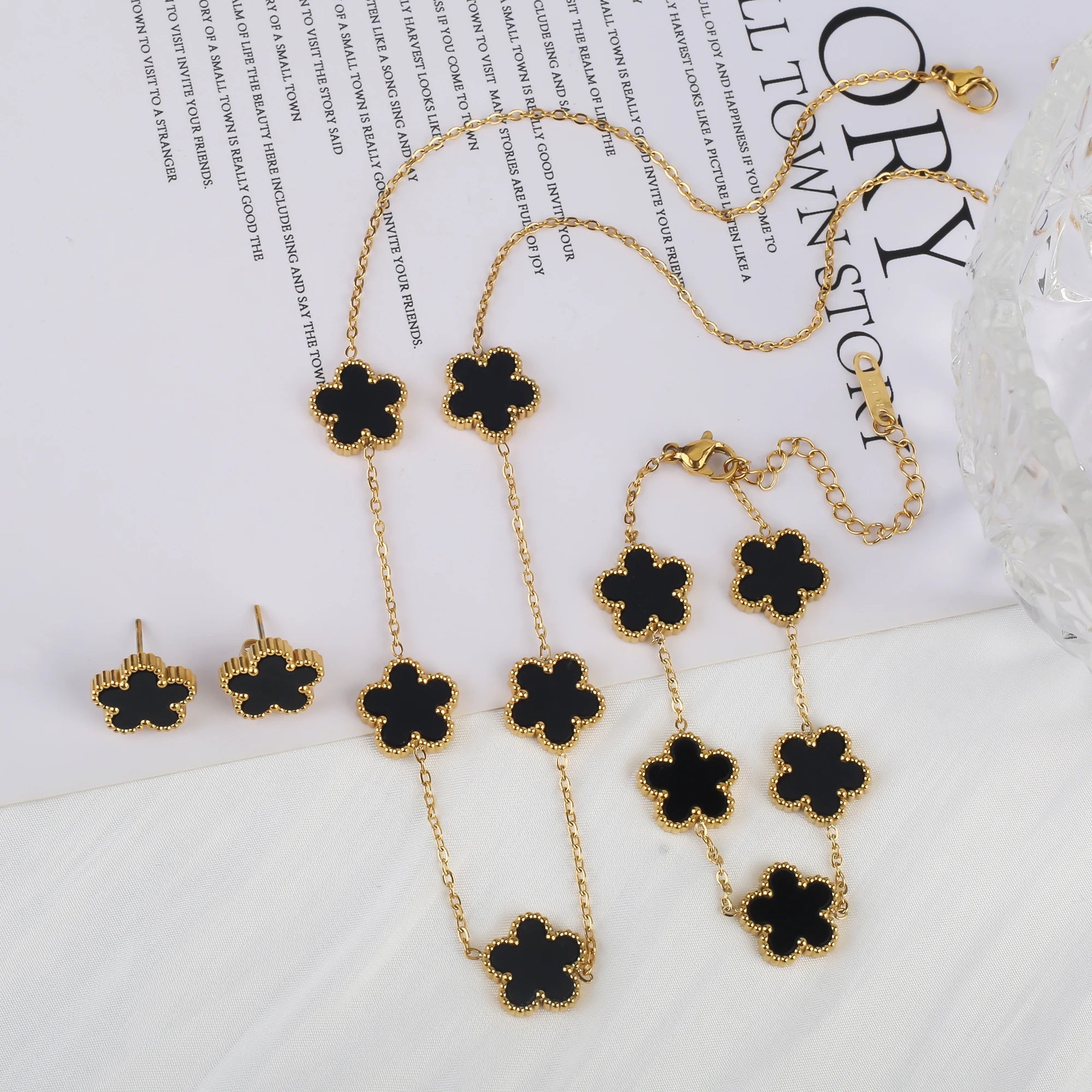 316 Stainless Steel Flower Five Leaf Necklace Bracelet Earrings 18K Gold Plated Jewelry Set