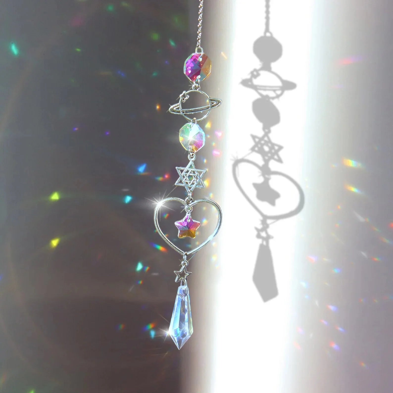 Crystal Sun Catcher Wind Chime Triple moon Star of David Planet Reiki Chakra