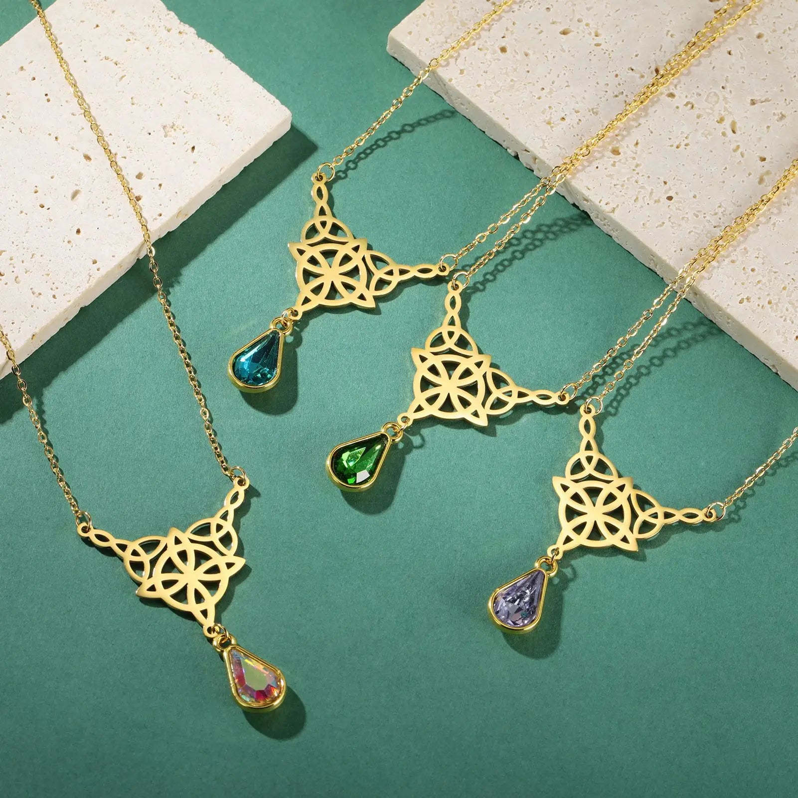 Witch Knot Necklace For Women Stainless Steel Hollow Celtic Knot Crystal Pendant Necklace