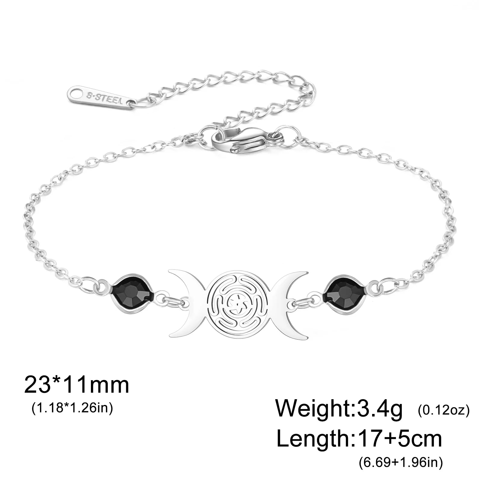 Triple Moon Goddess Bracelet for Women Hecate Wheel Adjustable Black Rope Bracelet Wiccan Pagan Jewelry Gift