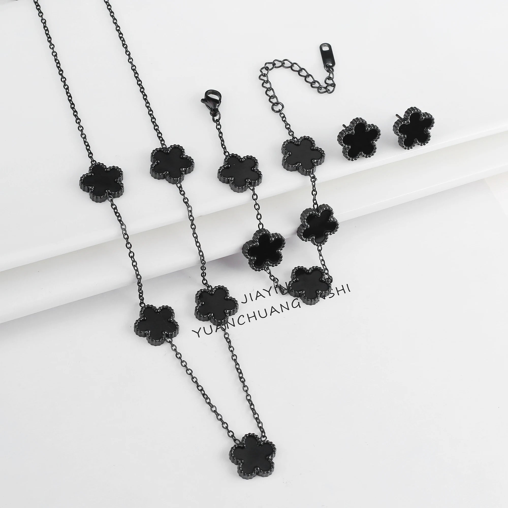 316 Stainless Steel Flower Five Leaf Necklace Bracelet Earrings 18K Gold Plated Jewelry Set