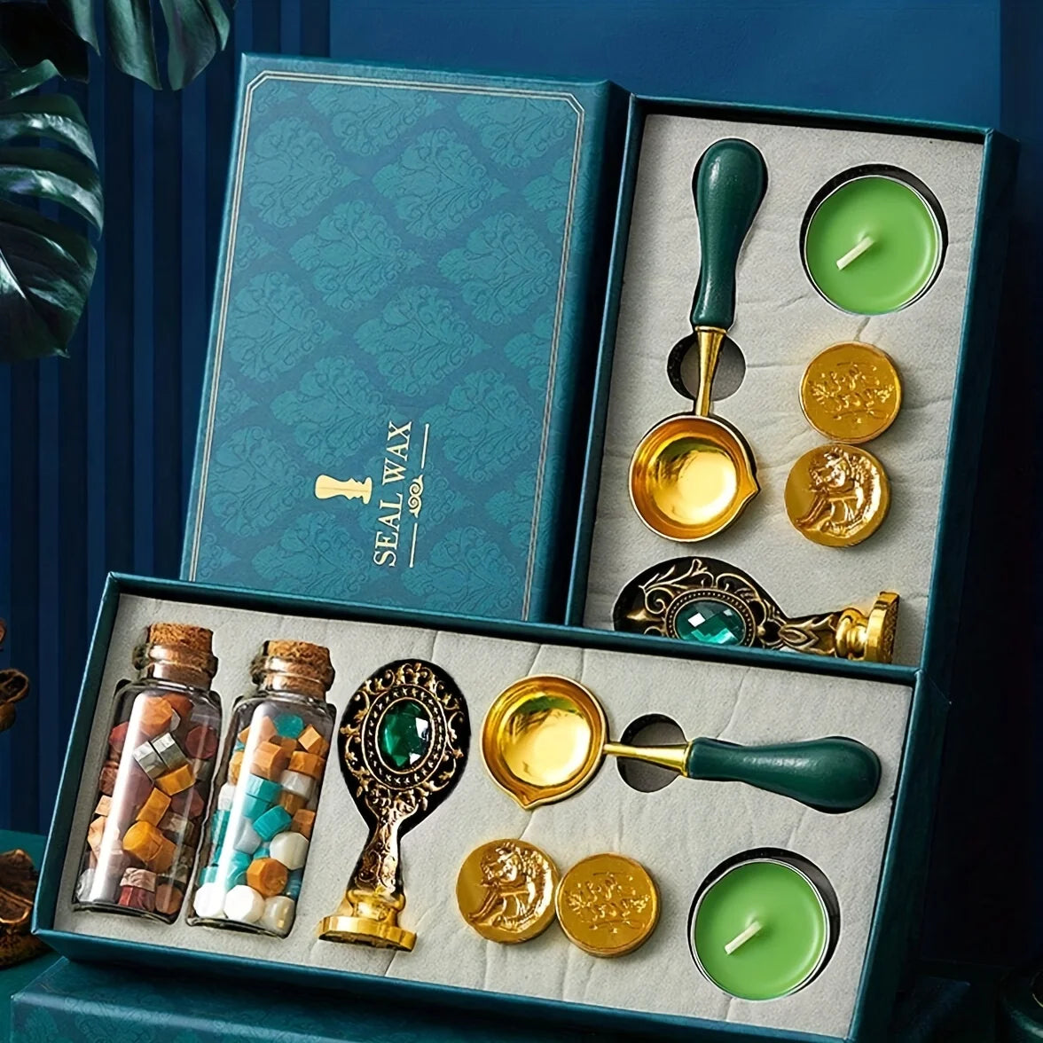 9PCS -Retro Wax Sealer for stamps with wax, spoon ,candle, stamp head + handle + colored pen, lacquered brass stamp set random