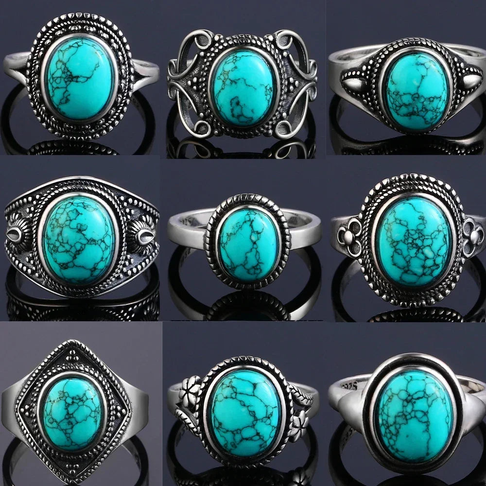 S925 Sterling Silver Vintage Ring With Natural Turquoise Stone Rings Oval and Round Shape Flower Carved Rings For Women Men