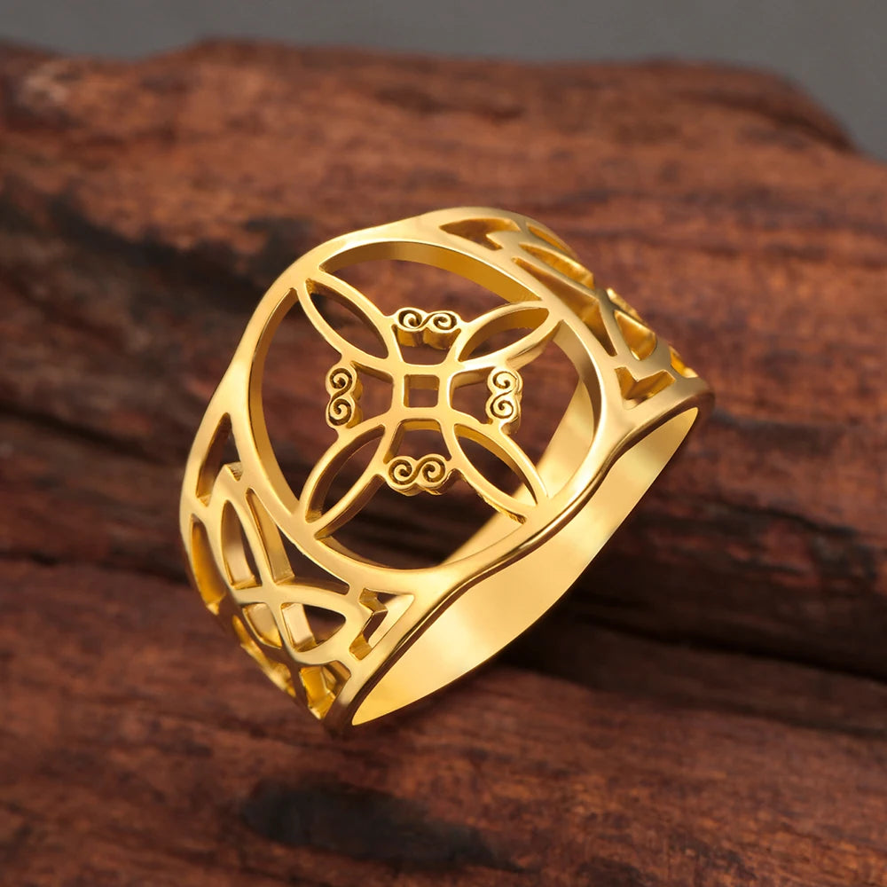 Witch Knot Stainless Steel Ring Wiccan Cross Celtics Knot Witchcraft Good Luck Protection