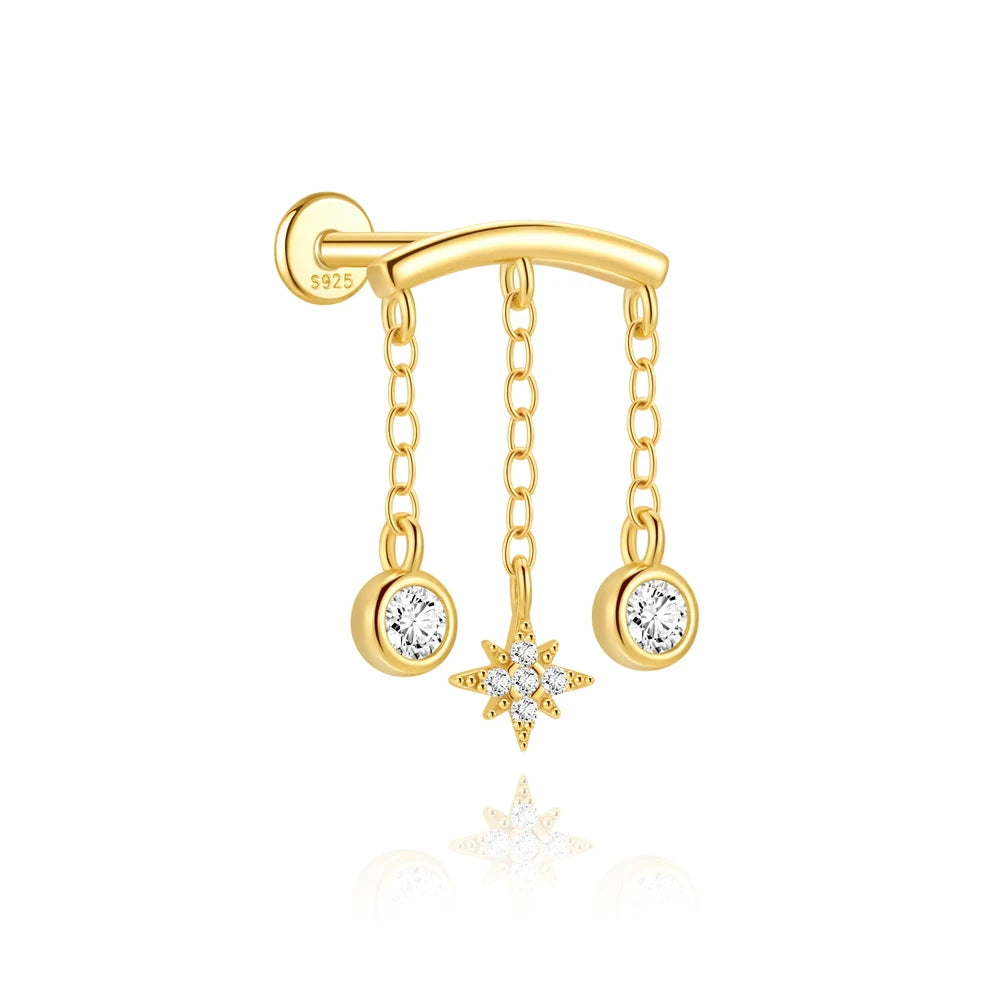 1PC 925 Sterling Silver Eight-pointed Star CZ Piercing Earring For Women Ins Tassel Chain Stud Earring Party Fine Jewelry