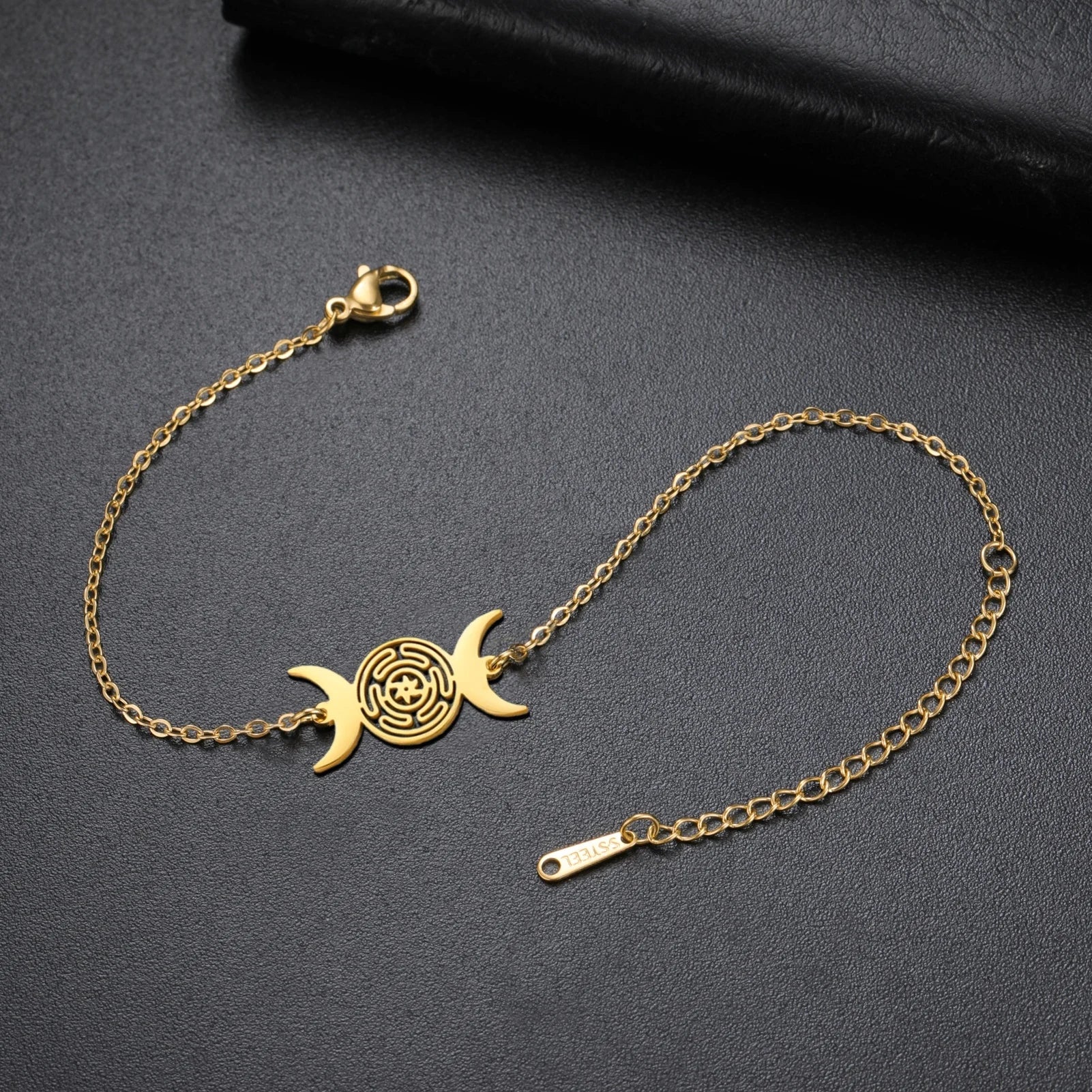 Triple Moon Goddess Bracelet for Women Hecate Wheel Adjustable Black Rope Bracelet Wiccan Pagan Jewelry Gift
