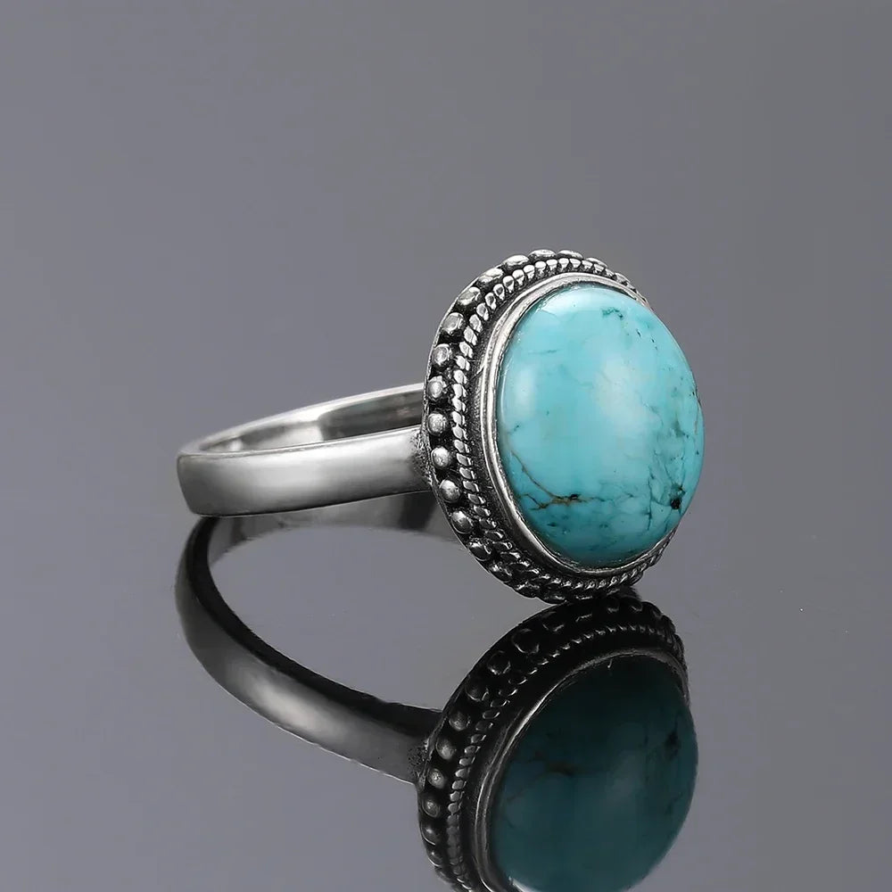 S925 Sterling Silver Vintage Ring With Natural Turquoise Stone Rings Oval and Round Shape Flower Carved Rings For Women Men