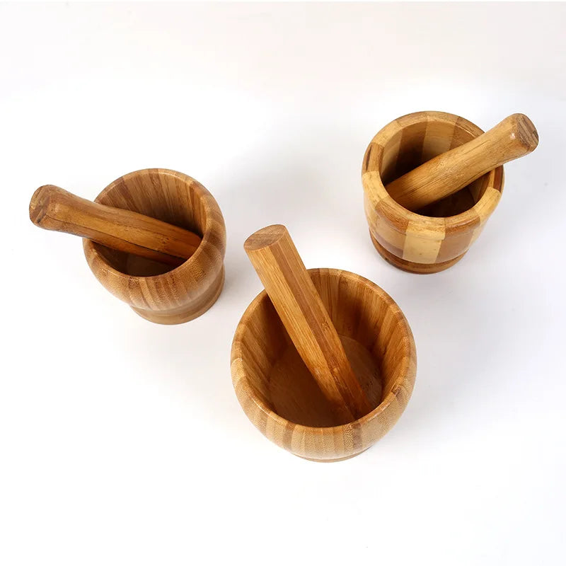 Traditional Bamboo Mortar and Pestle Set Garlic Grinder Herb Spice Masher Seasoning Crusher Kitchen Tool for Mash Spices Pepper Witchcraft Rituals