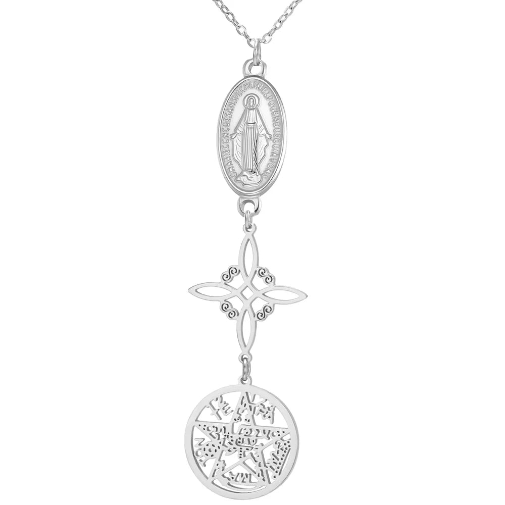 Triple Amulets Protection Necklaces for Women Witch Knot Pentagram Tetragrammaton St. Benedict Stainless Steel Jewerly Gift
