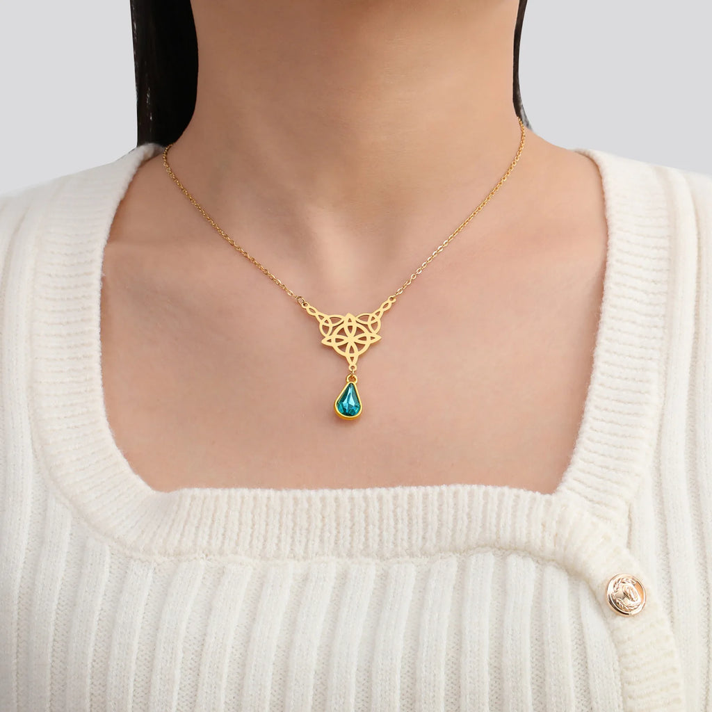 Witch Knot Necklace For Women Stainless Steel Hollow Celtic Knot Crystal Pendant Necklace
