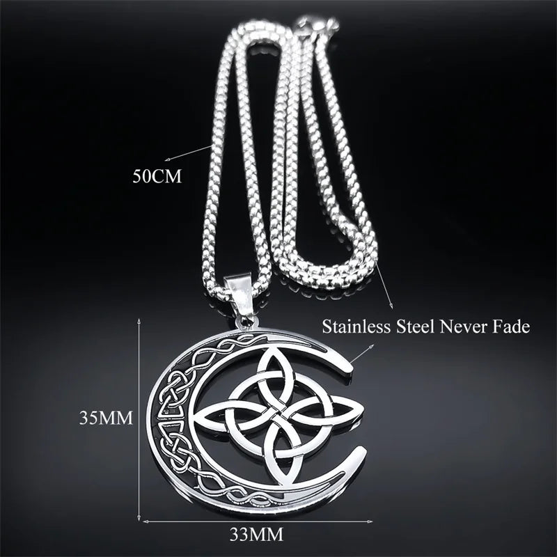 Crescent Celtic Irish Knot Necklaces Stainless Steel Witch Moon Amulet Protection with Chain Necklace