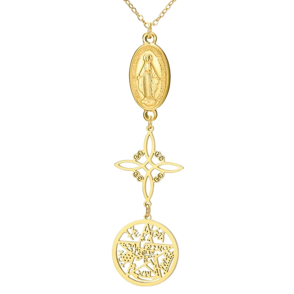 Triple Amulets Protection Necklaces for Women Witch Knot Pentagram Tetragrammaton St. Benedict Stainless Steel Jewerly Gift