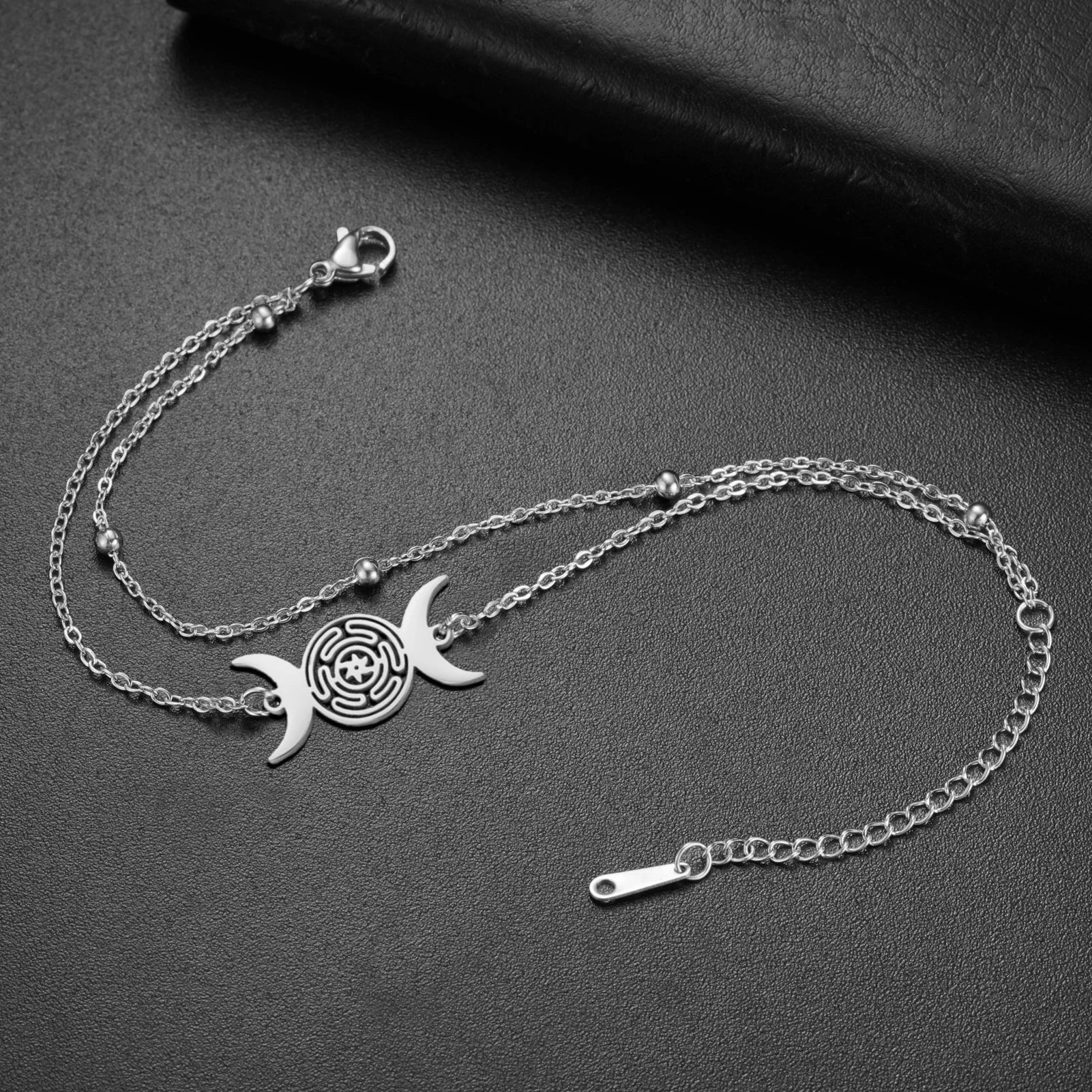 Triple Moon Goddess Bracelet for Women Hecate Wheel Adjustable Black Rope Bracelet Wiccan Pagan Jewelry Gift