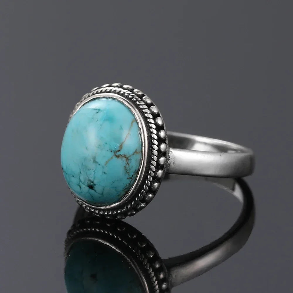 S925 Sterling Silver Vintage Ring With Natural Turquoise Stone Rings Oval and Round Shape Flower Carved Rings For Women Men