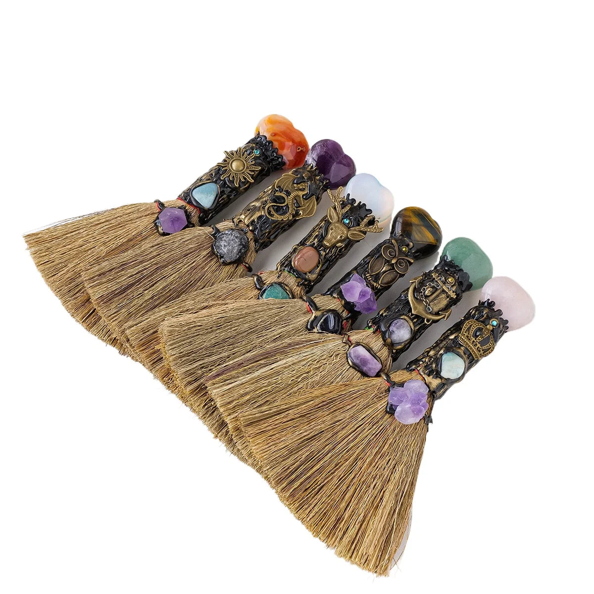 1pc Natural Crystal Heart Broom, Witchcraft Rituals Energy Cleansing Tool Quartz Witch Besom for Altar & Home Decor