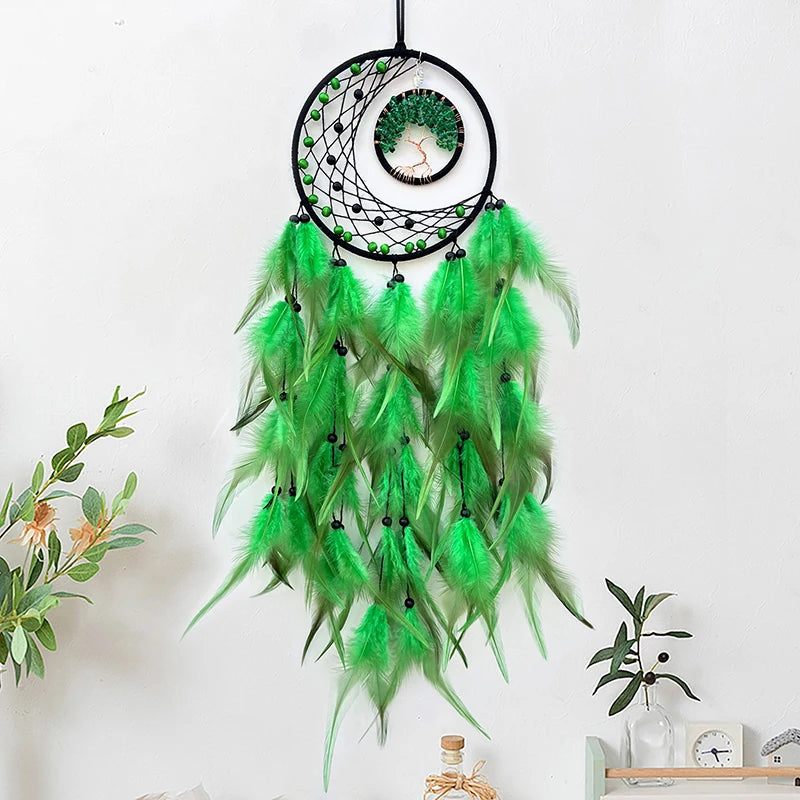 Nordic Tree Of Life Crystal Wall Hanging Dream Catcher Hand-woven with Feathers
