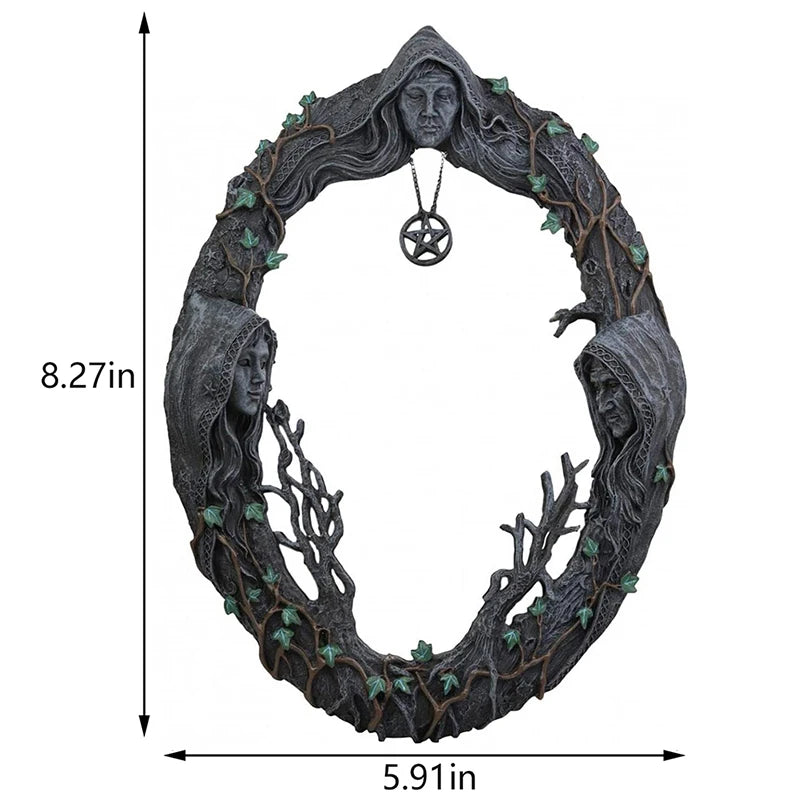 Celtic Sacred Moon Triple Goddess Mother Maiden Crone Wall Hanging Mirror With Pentagram Amulet Pendant Plaque Decor