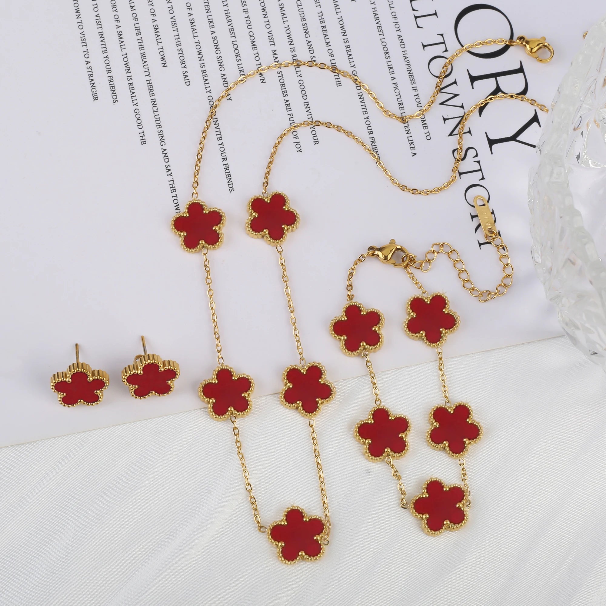 316 Stainless Steel Flower Five Leaf Necklace Bracelet Earrings 18K Gold Plated Jewelry Set