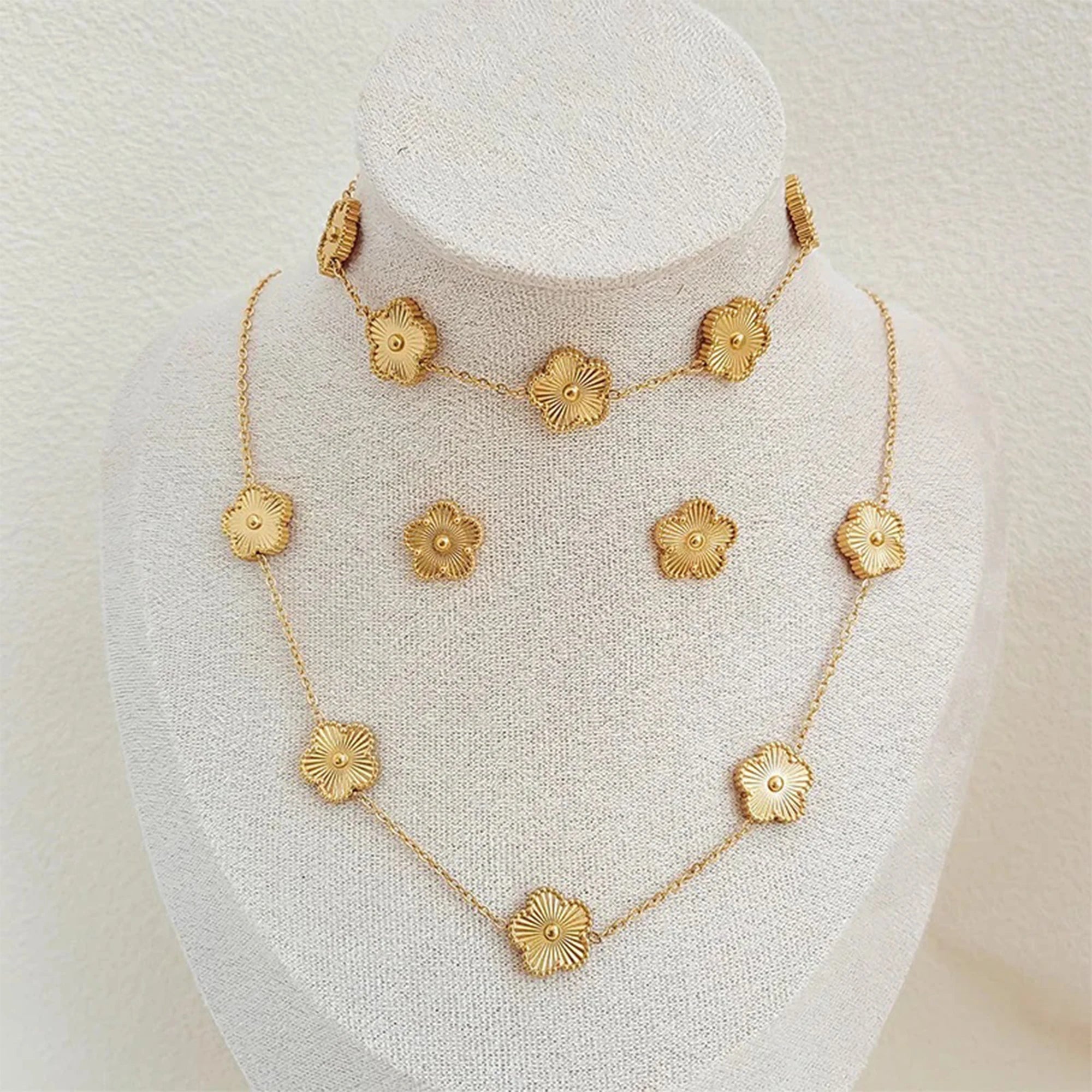 316 Stainless Steel Flower Five Leaf Necklace Bracelet Earrings 18K Gold Plated Jewelry Set