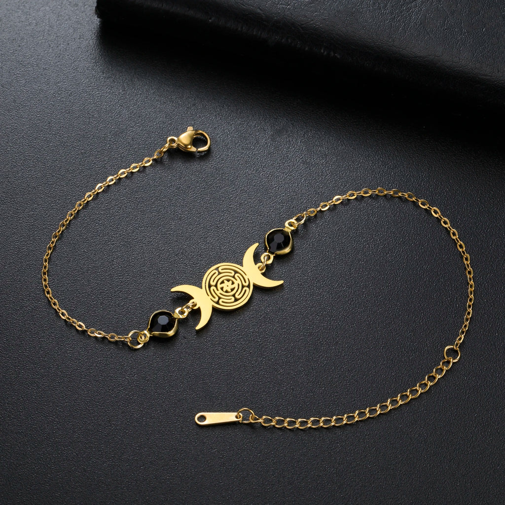Triple Moon Goddess Bracelet for Women Hecate Wheel Adjustable Black Rope Bracelet Wiccan Pagan Jewelry Gift