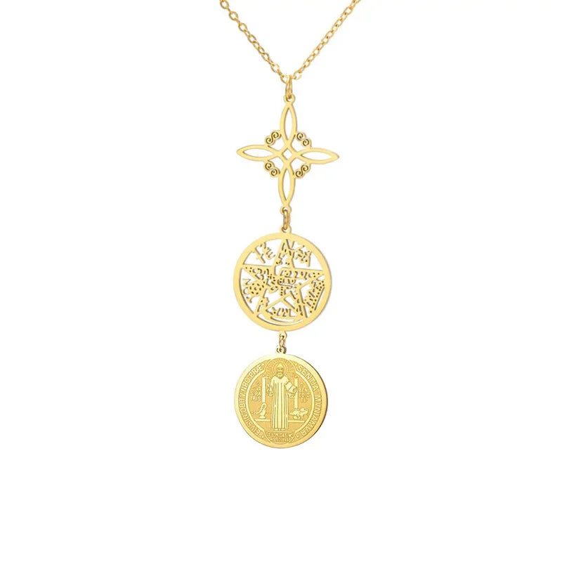 Triple Amulets Protection Necklaces for Women Witch Knot Pentagram Tetragrammaton St. Benedict Stainless Steel Jewerly Gift