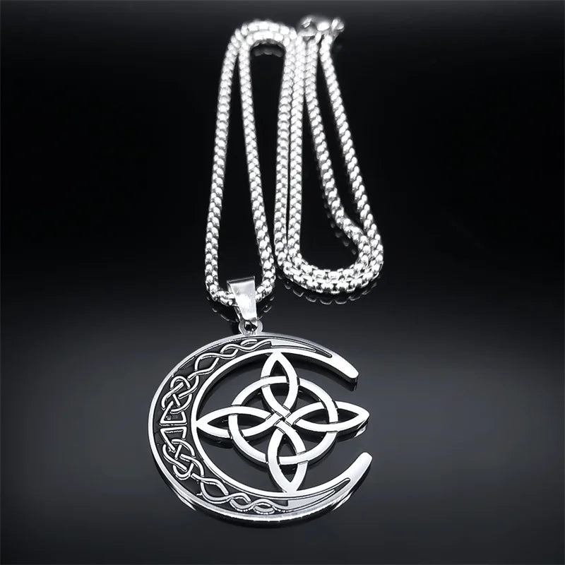Crescent Celtic Irish Knot Necklaces Stainless Steel Witch Moon Amulet Protection with Chain Necklace