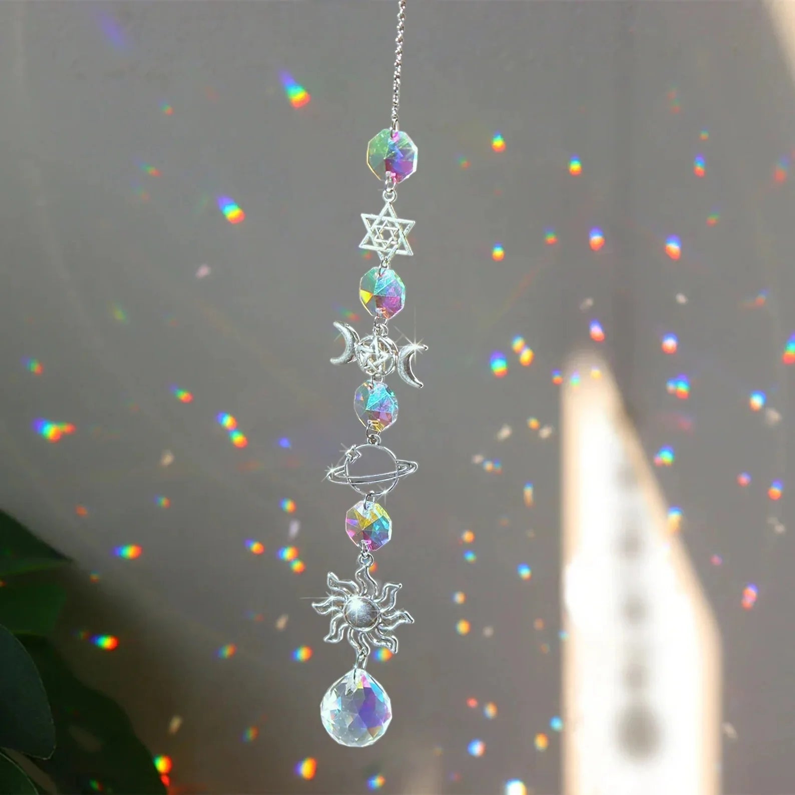Crystal Sun Catcher Wind Chime Triple moon Star of David Planet Reiki Chakra
