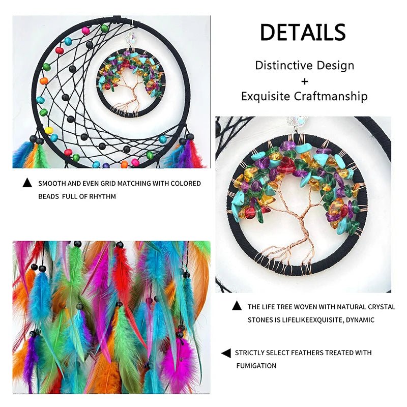 Nordic Tree Of Life Crystal Wall Hanging Dream Catcher Hand-woven with Feathers