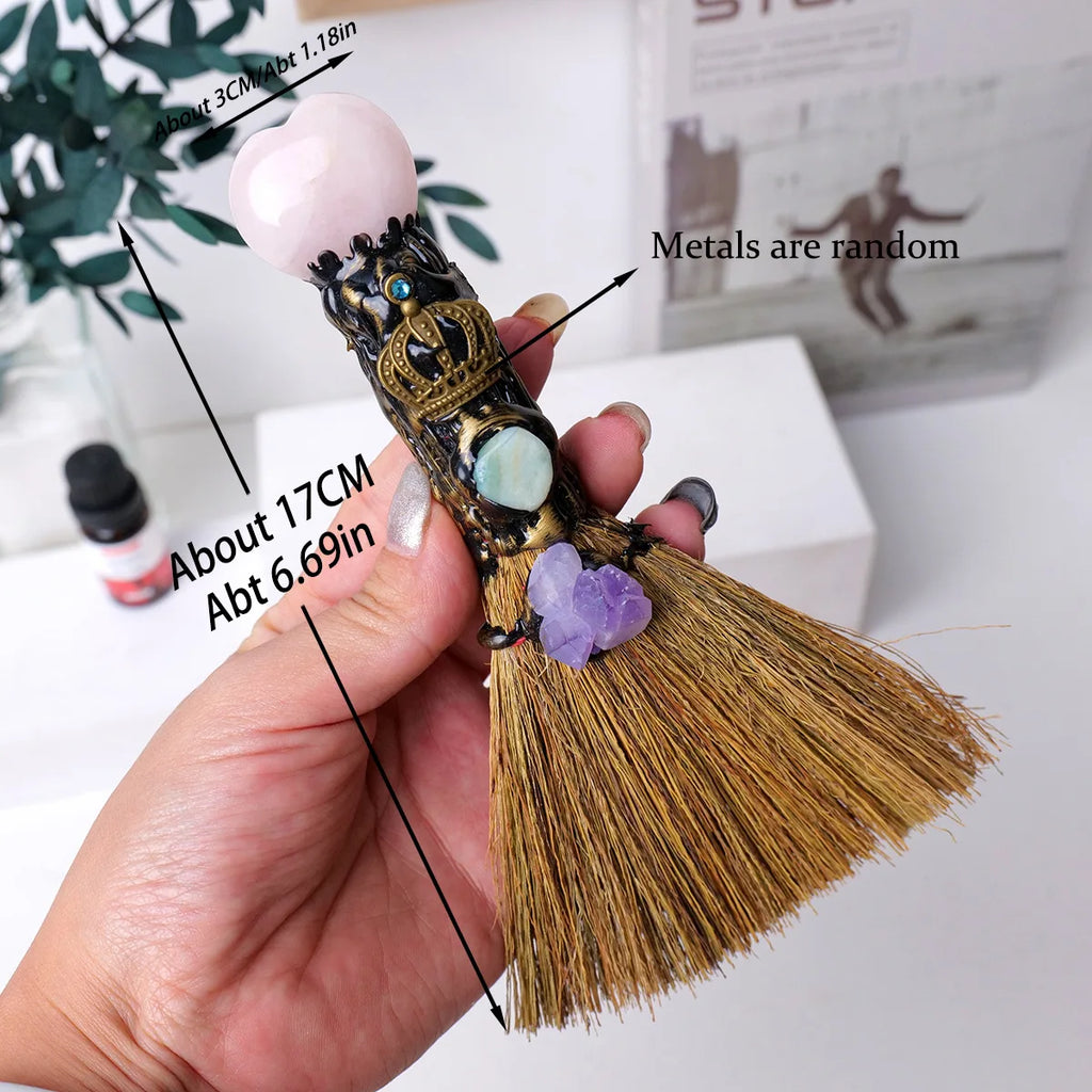 1pc Natural Crystal Heart Broom, Witchcraft Rituals Energy Cleansing Tool Quartz Witch Besom for Altar & Home Decor