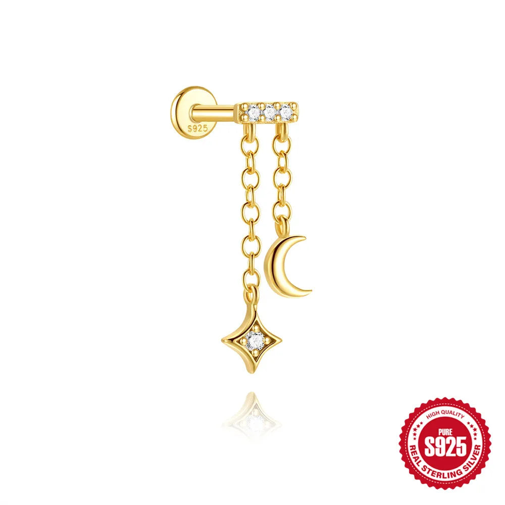 1PC 925 Sterling Silver Eight-pointed Star CZ Piercing Earring For Women Ins Tassel Chain Stud Earring Party Fine Jewelry