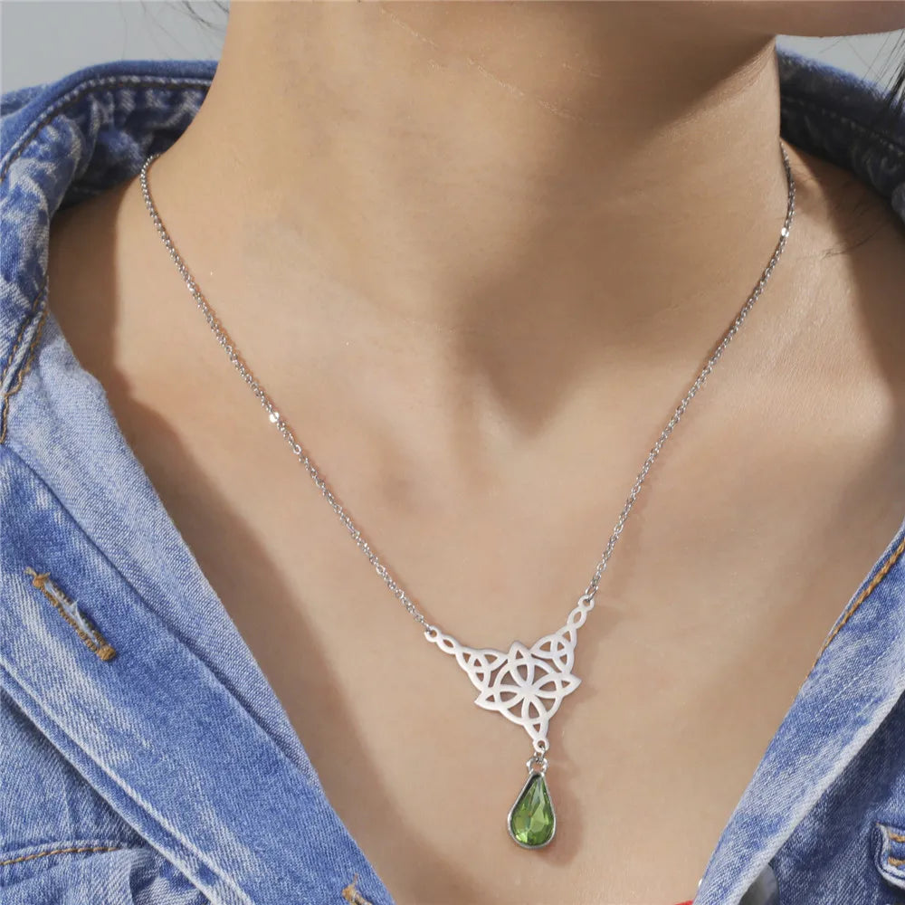 Witch Knot Necklace For Women Stainless Steel Hollow Celtic Knot Crystal Pendant Necklace