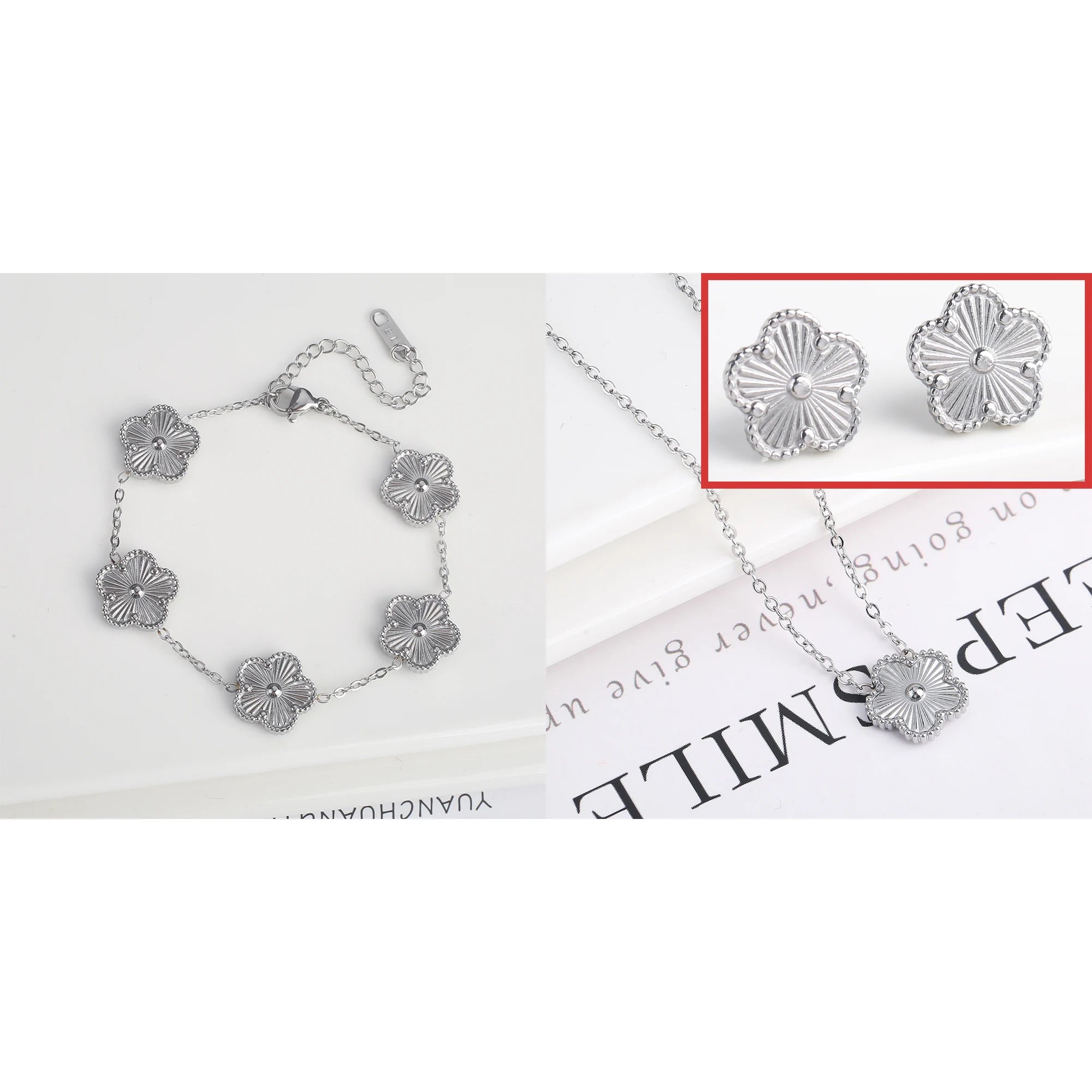 316 Stainless Steel Flower Five Leaf Necklace Bracelet Earrings 18K Gold Plated Jewelry Set